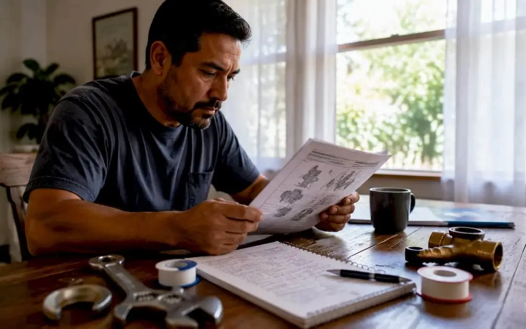 Man reading a backflow preventer guide at a table with plumbing parts