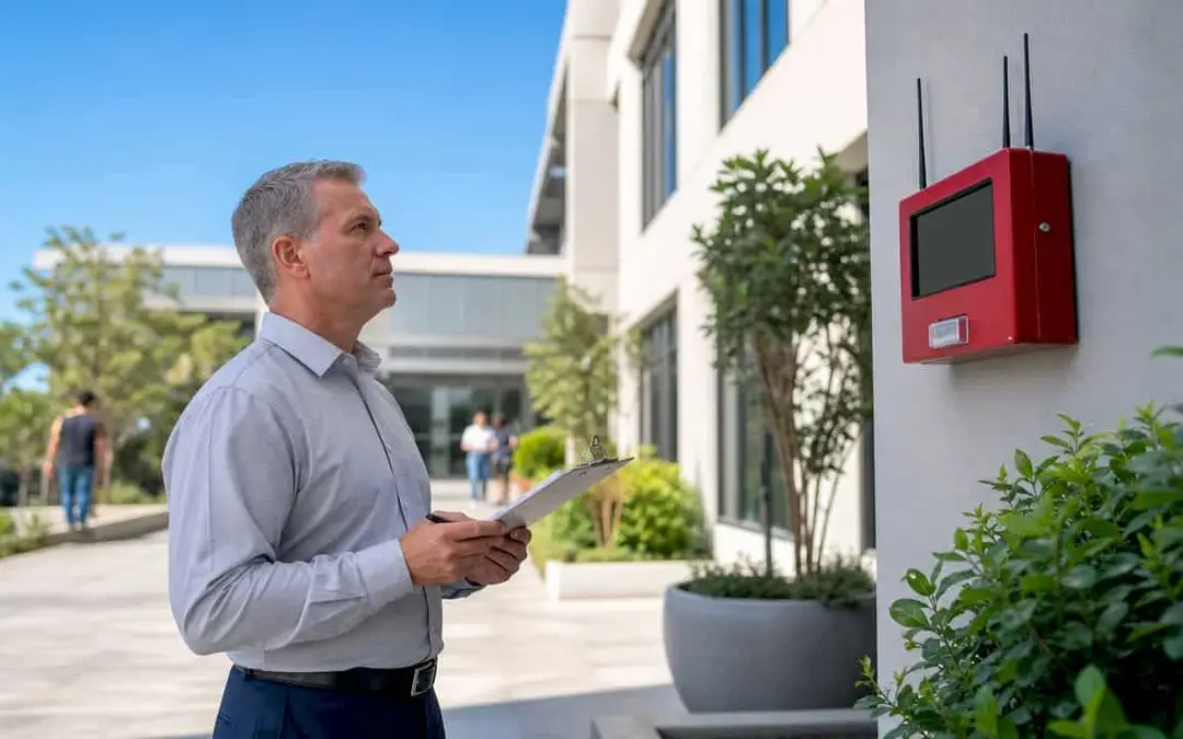 Man with a tablet near a wireless fire alarm panel outside an office