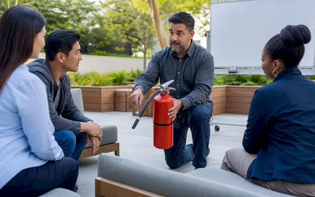 Instructor showing a fire extinguisher to employees at a training session