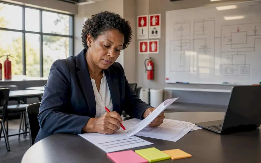 Woman reviewing incident reports at a table