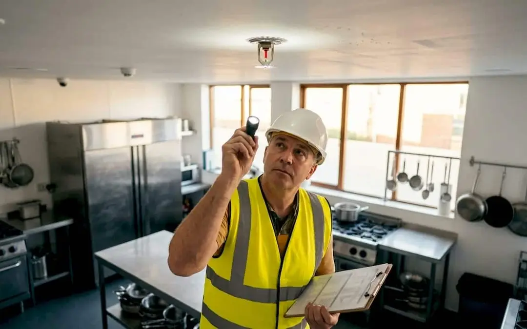 Inspector in a hard hat checking a sprinkler head in a commercial kitchen