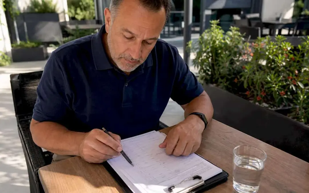 Man reviewing an inspection checklist at an outdoor table
