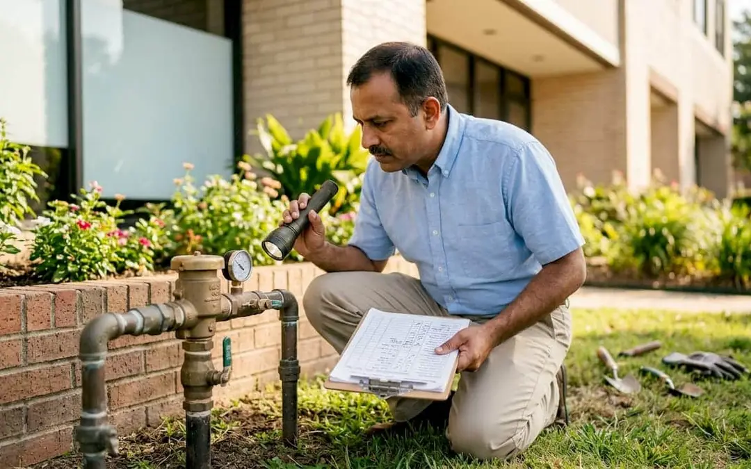 Man inspecting an outdoor backflow preventer by a garden bed
