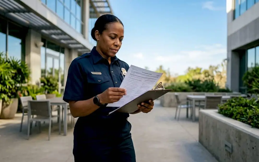 Fire safety officer reviewing a checklist on an outdoor walkway