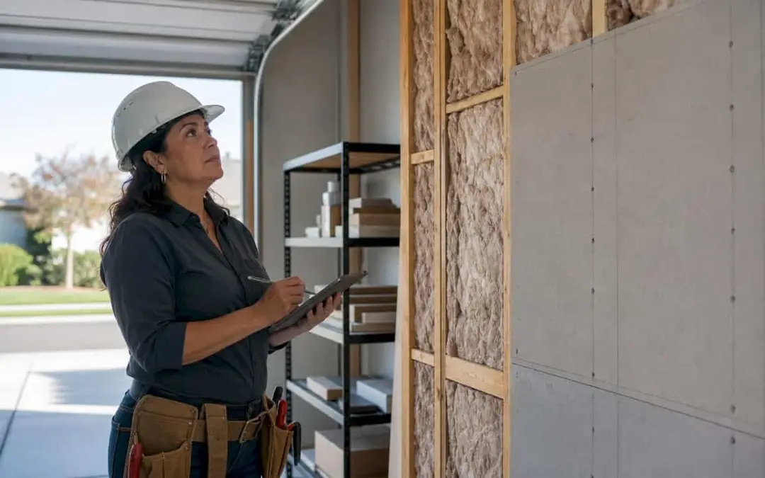 Woman in a hard hat inspecting a garage wall under construction