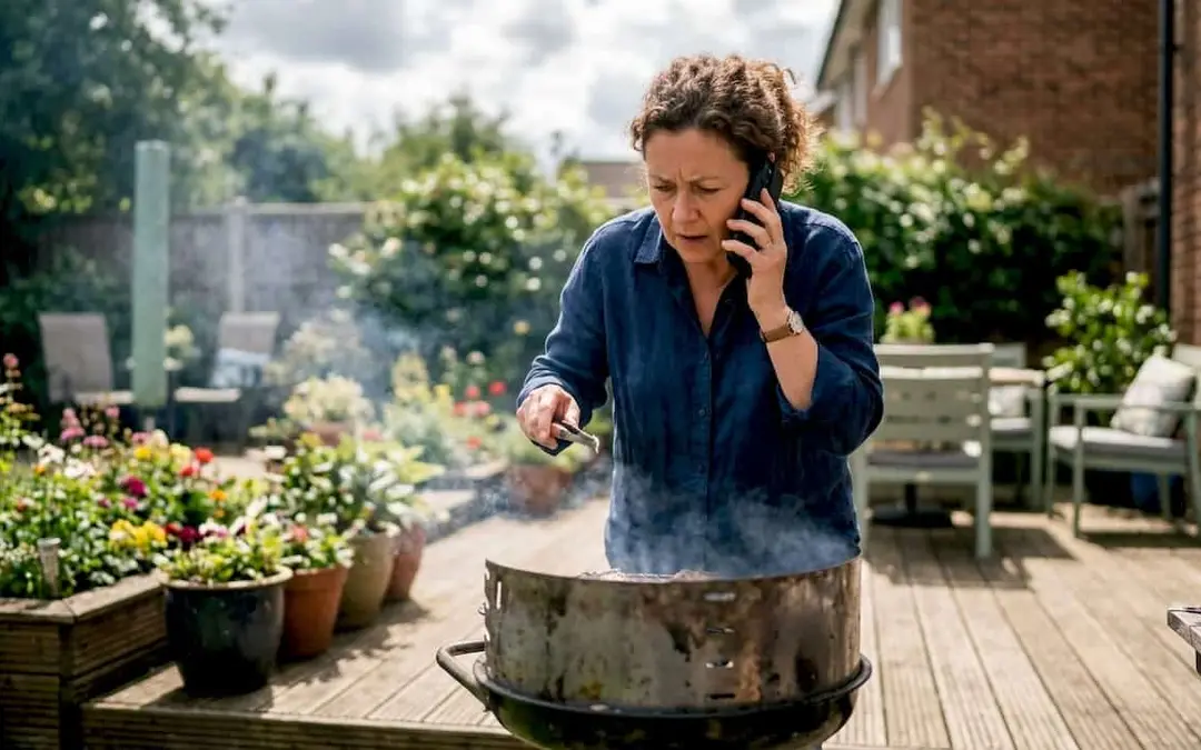 Woman on the phone beside a smoking pot on a patio