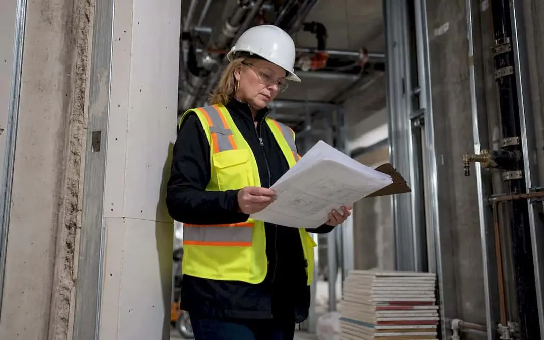 Building inspector in a hard hat reviewing documents beside a wall assembly