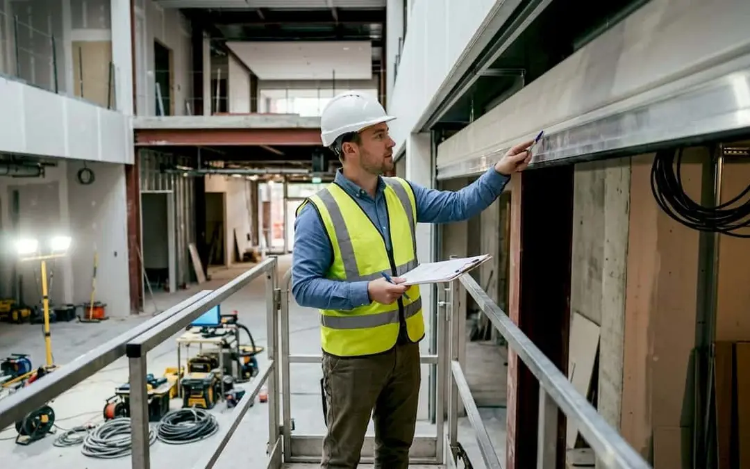 Engineer in a hard hat inspecting a fire curtain installation