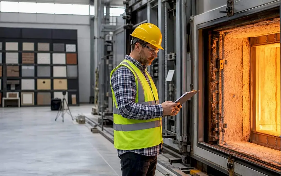 Engineer with a tablet monitoring a glowing fire-resistance test furnace