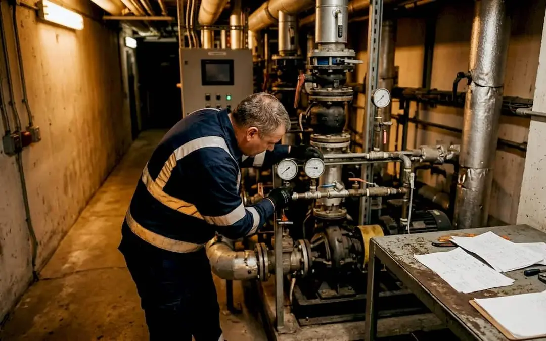 Technician inspecting fire pump controls in a pump room