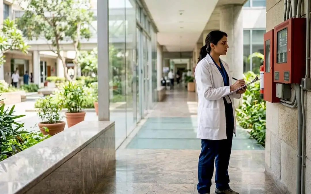 Woman in a lab coat checking a fire alarm panel in a hospital corridor