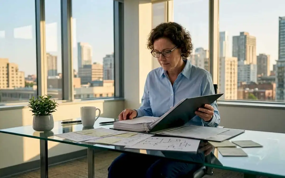 Woman reviewing regulations in a binder at a desk