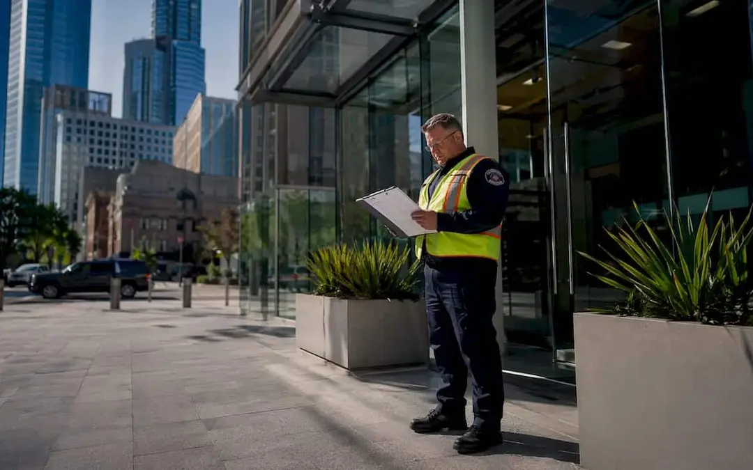 Inspector in a safety vest reviewing plans outside an office building