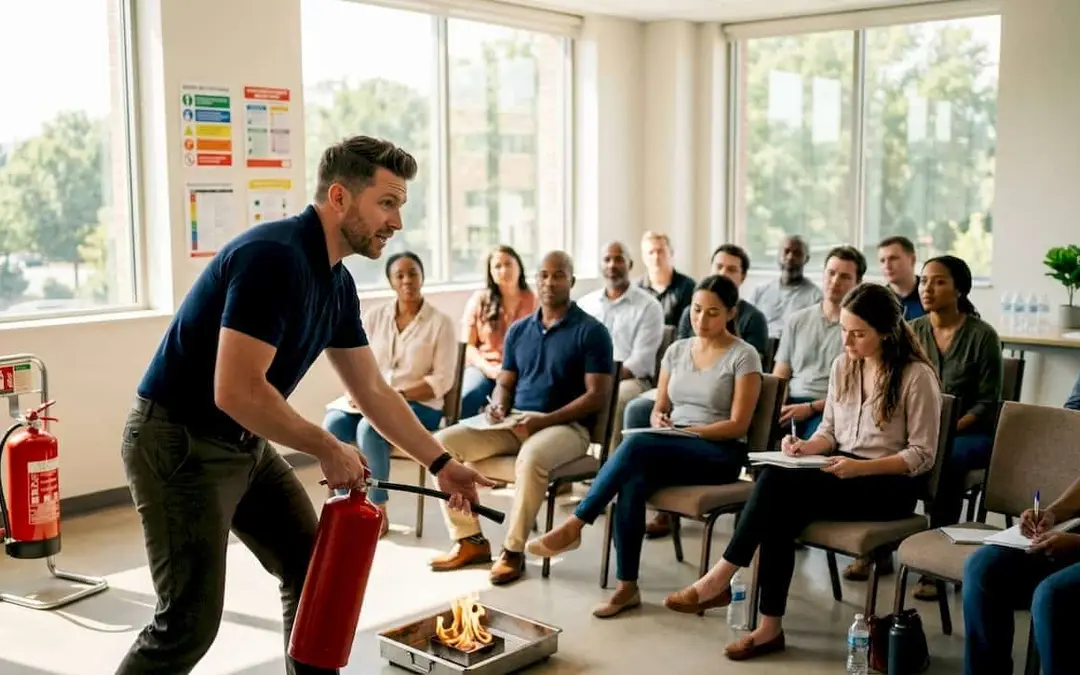 Trainer demonstrating fire extinguisher use to a room of employees