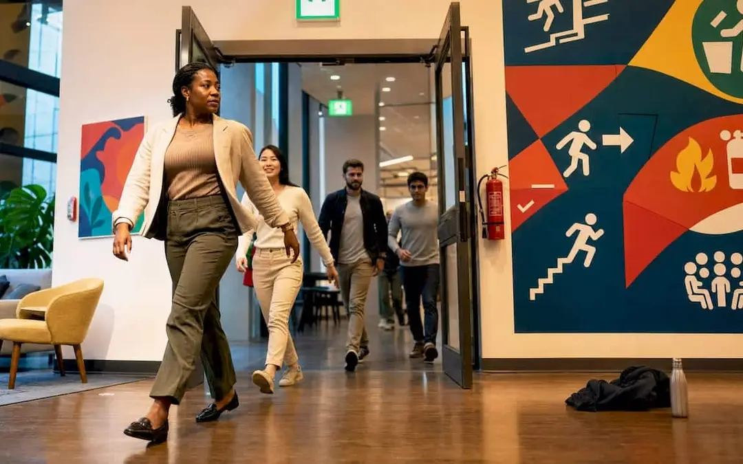 Office workers walking to an exit during a fire drill