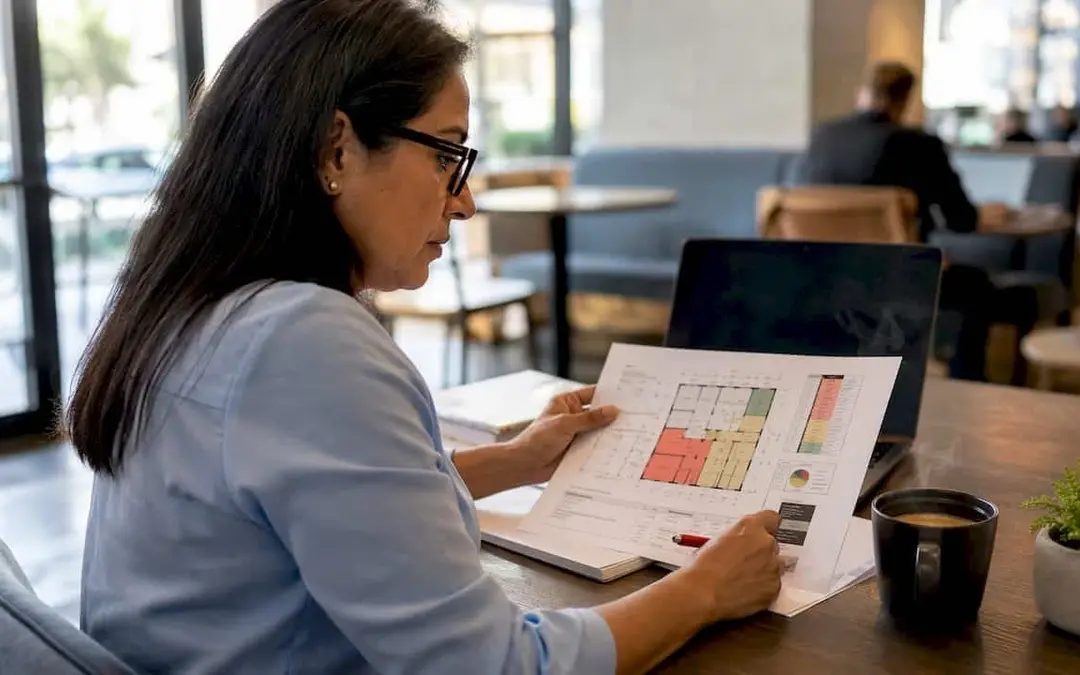 Woman reviewing a color-coded risk assessment report