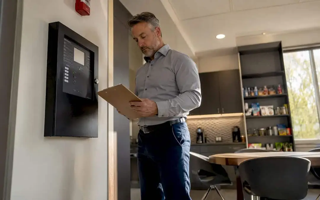 Man with a clipboard checking a wall-mounted alarm annunciator panel