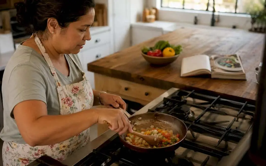 Woman cooking at a gas stove in a home kitchen