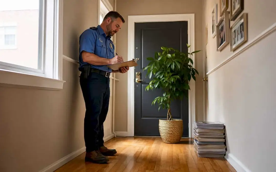 Inspector with a clipboard in a hallway by an exit door