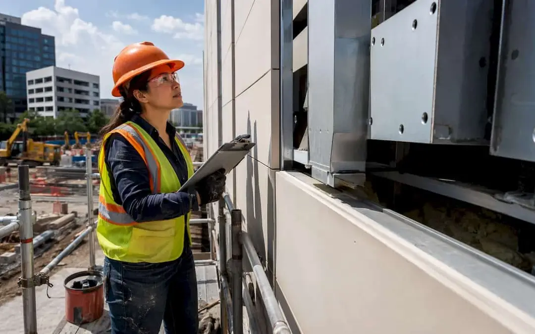 Engineer in a hard hat inspecting a building's exterior wall