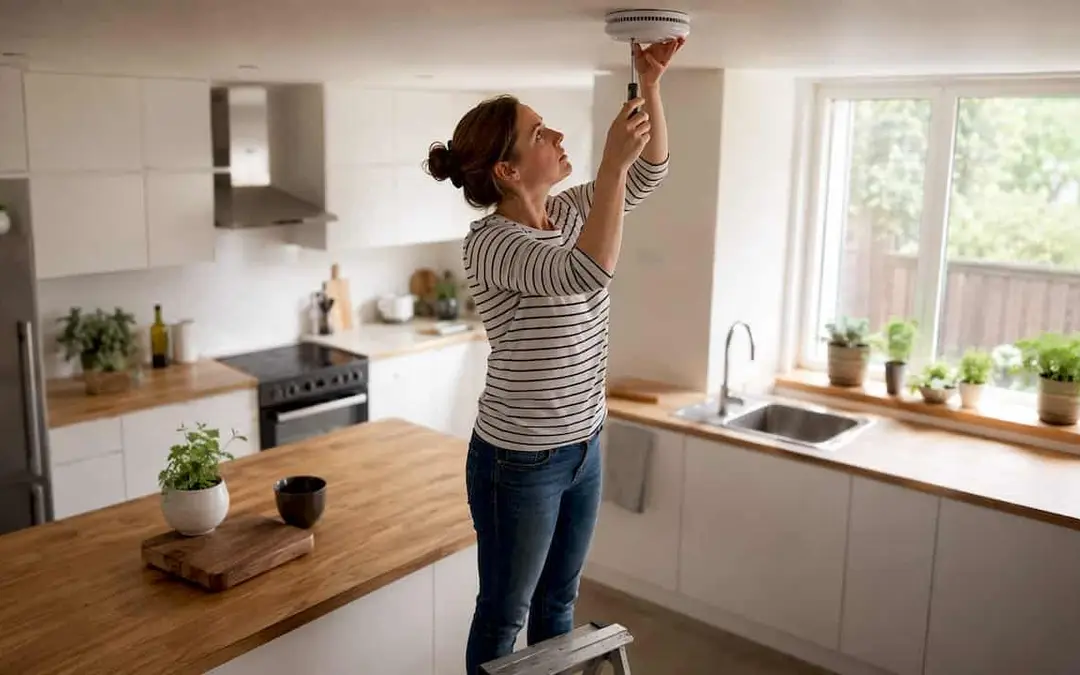 Woman installing a smoke alarm on a kitchen ceiling