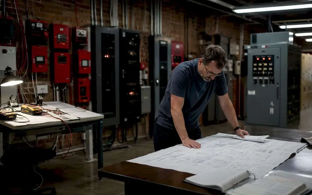 Engineer reviewing diagrams beside fire alarm equipment racks