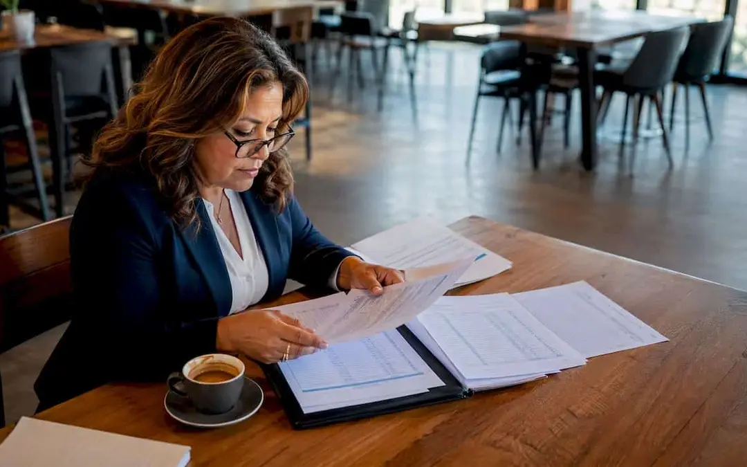 Woman reviewing compliance documents at a table