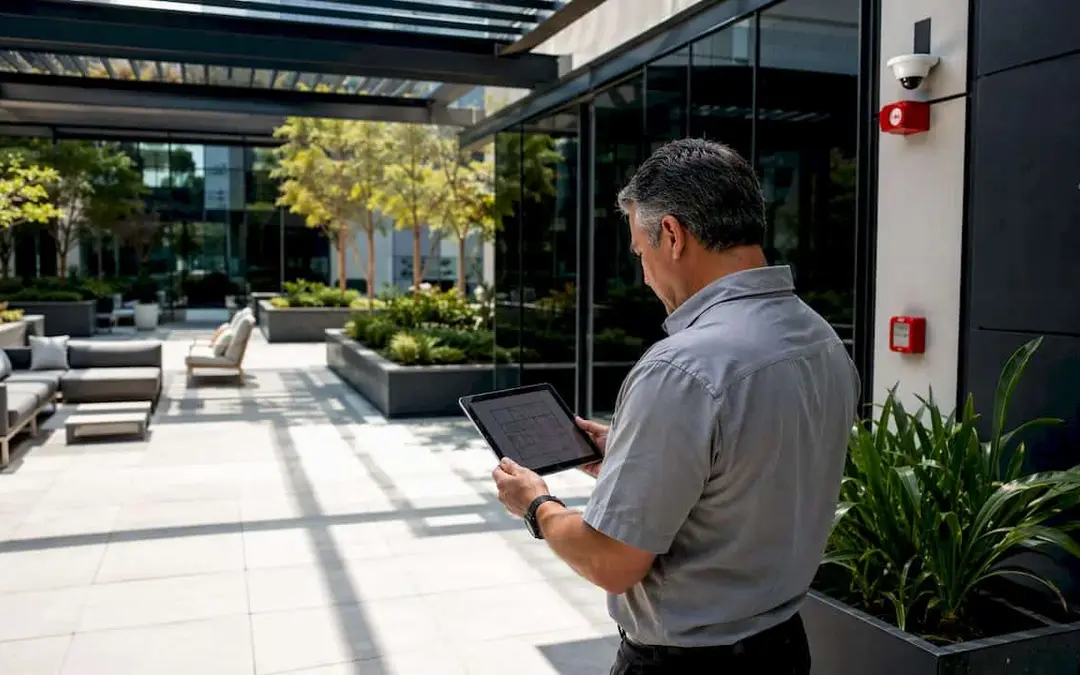 Man with a tablet checking fire detectors at an outdoor building
