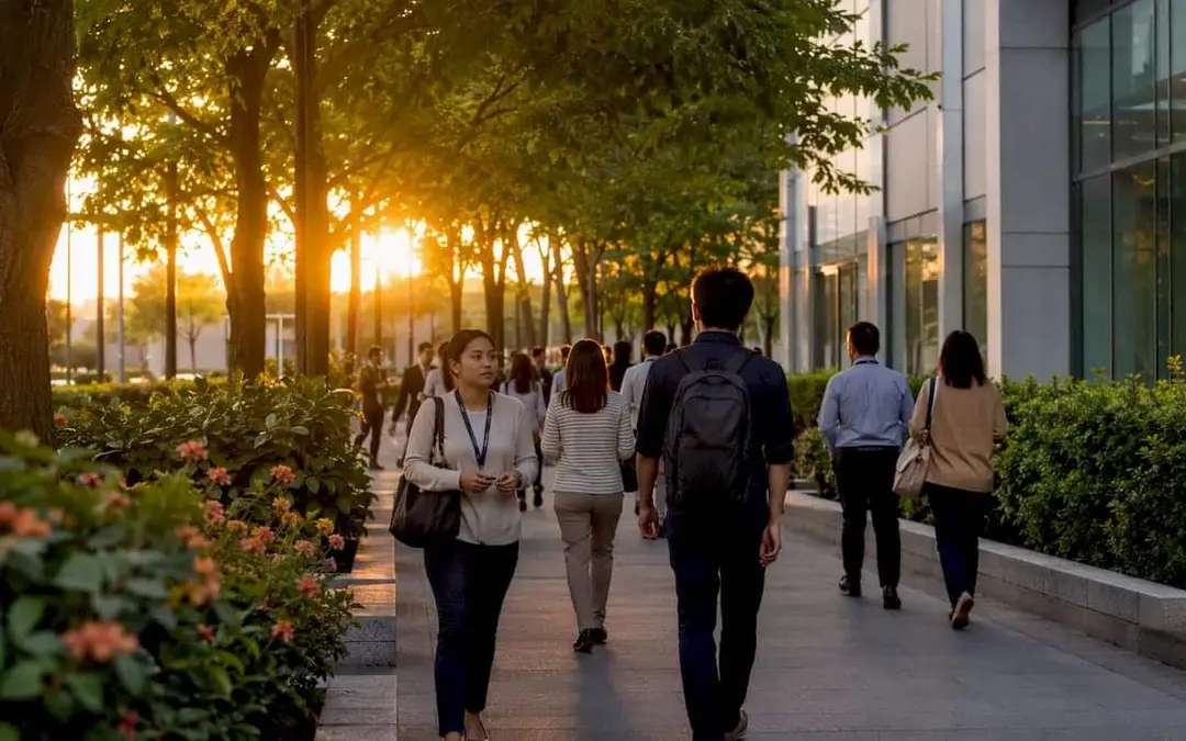Employees walking outside a building after an evacuation