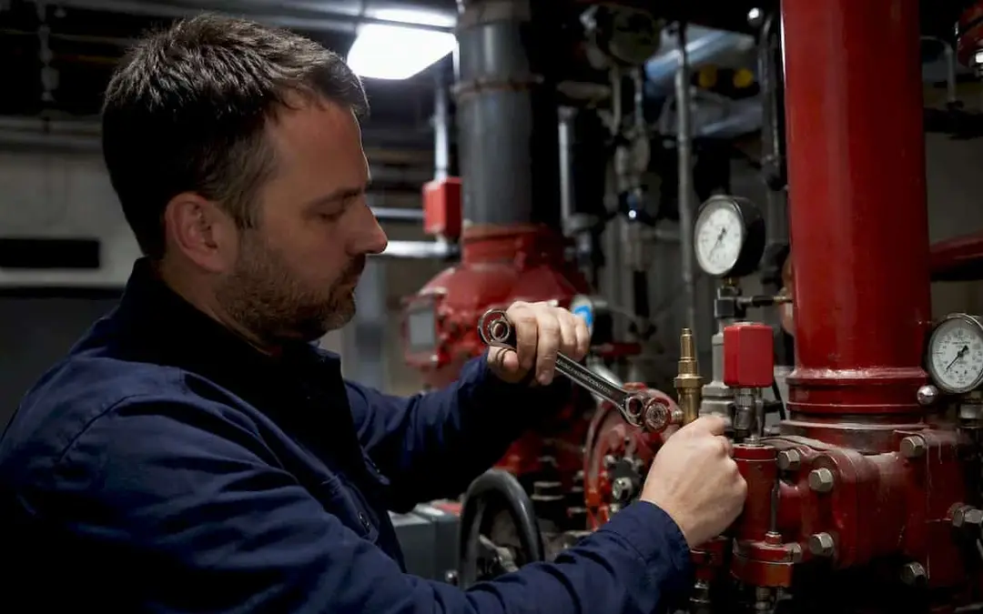 Technician testing a red sprinkler control valve