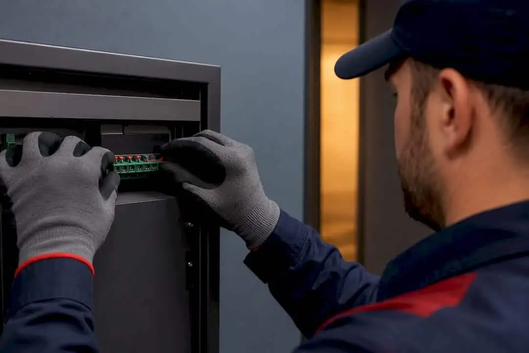 Technician checking wiring connections in an alarm panel
