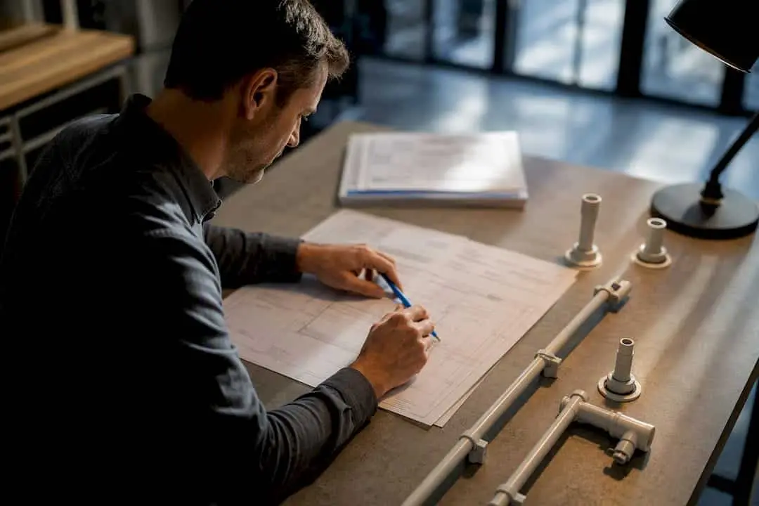 Man reviewing a smoke detection design beside sample pipes