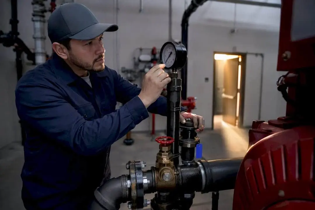 Technician reading a fire pump pressure gauge in a pump room