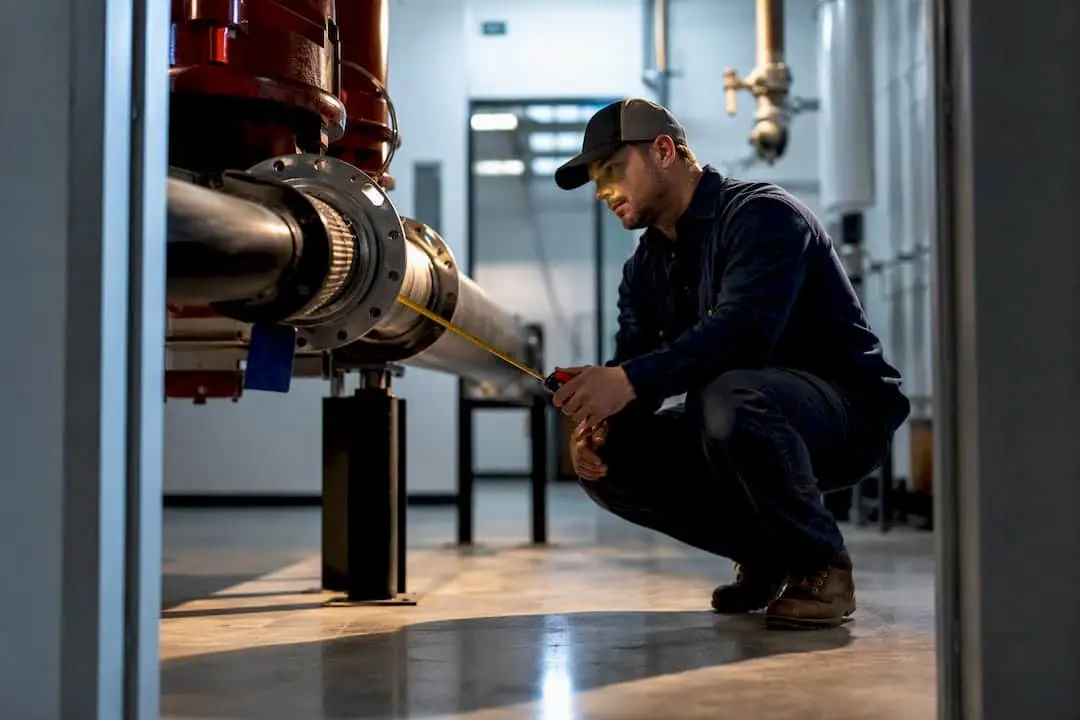 Technician measuring a fire pump connection in a pump room